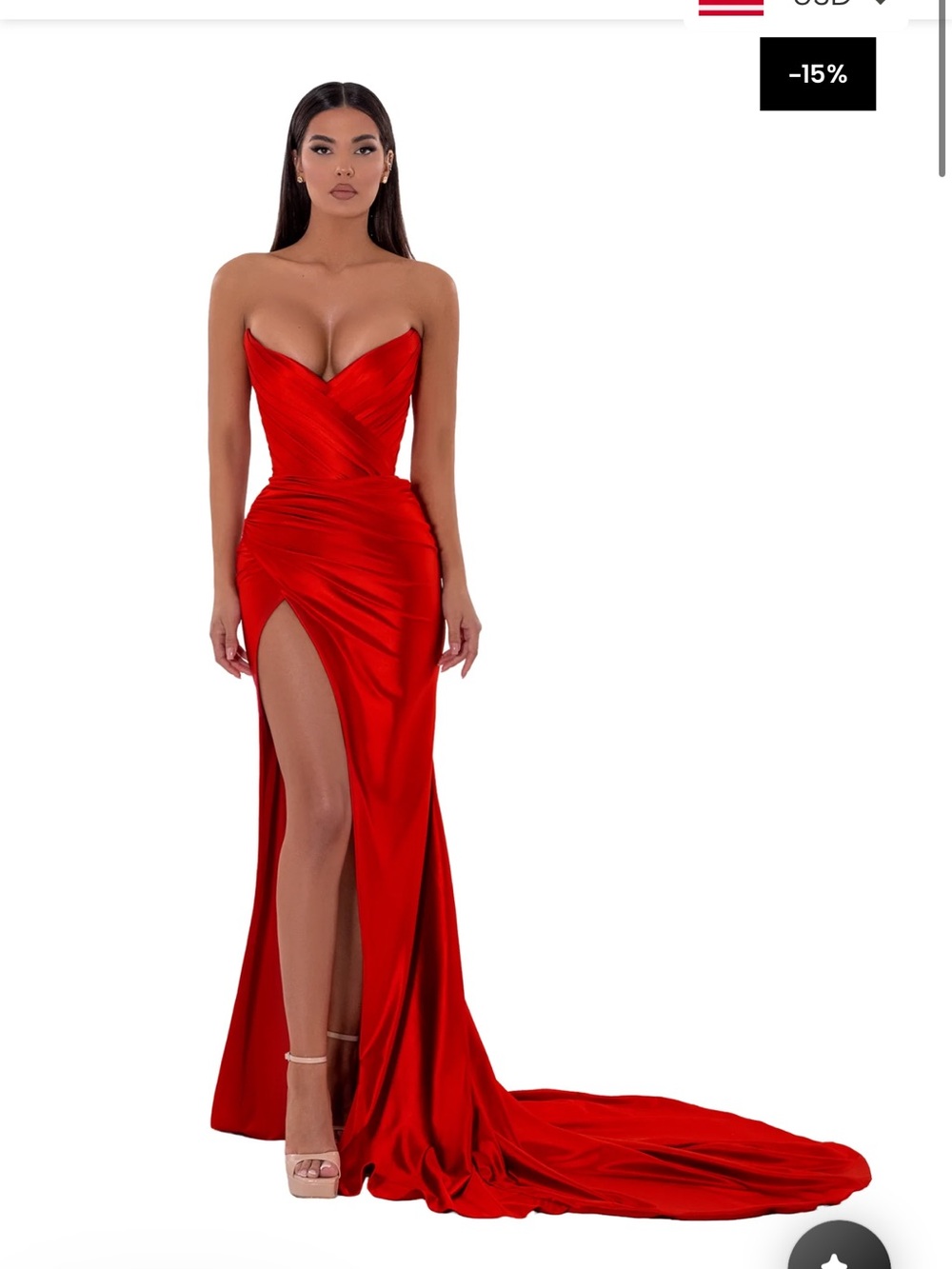 Elegant Strapless Red Satin Evening Gown with High Slit